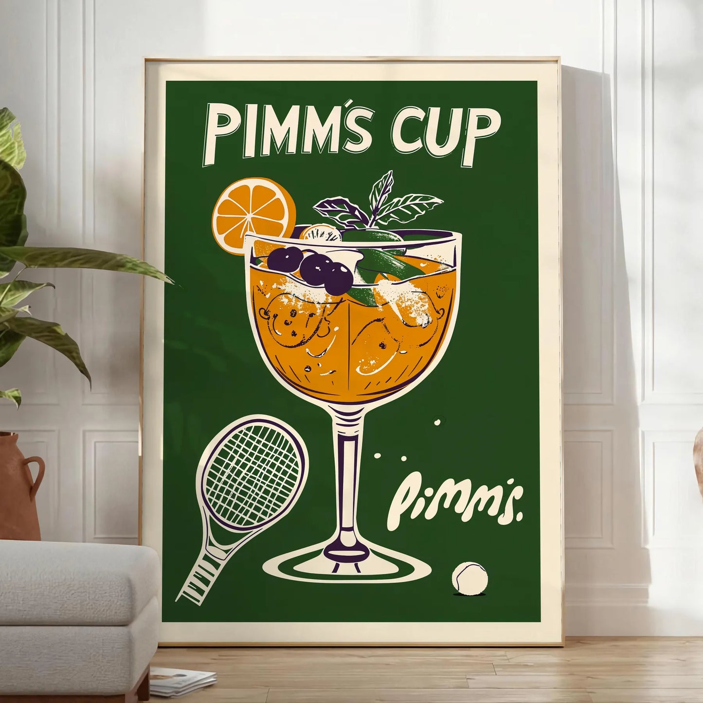 Wimbledon spirit vibrant Pimm Cup cocktail poster refreshing orange green hues eye design British charm space kitchens bars lounges A4 cm A0 dimensions