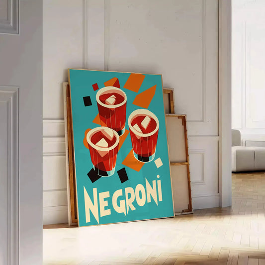 space stunning Negroni cocktail poster vibrant orange rich brown hues timeless elegance passion mixology decor enthusiasts art lovers unframed options