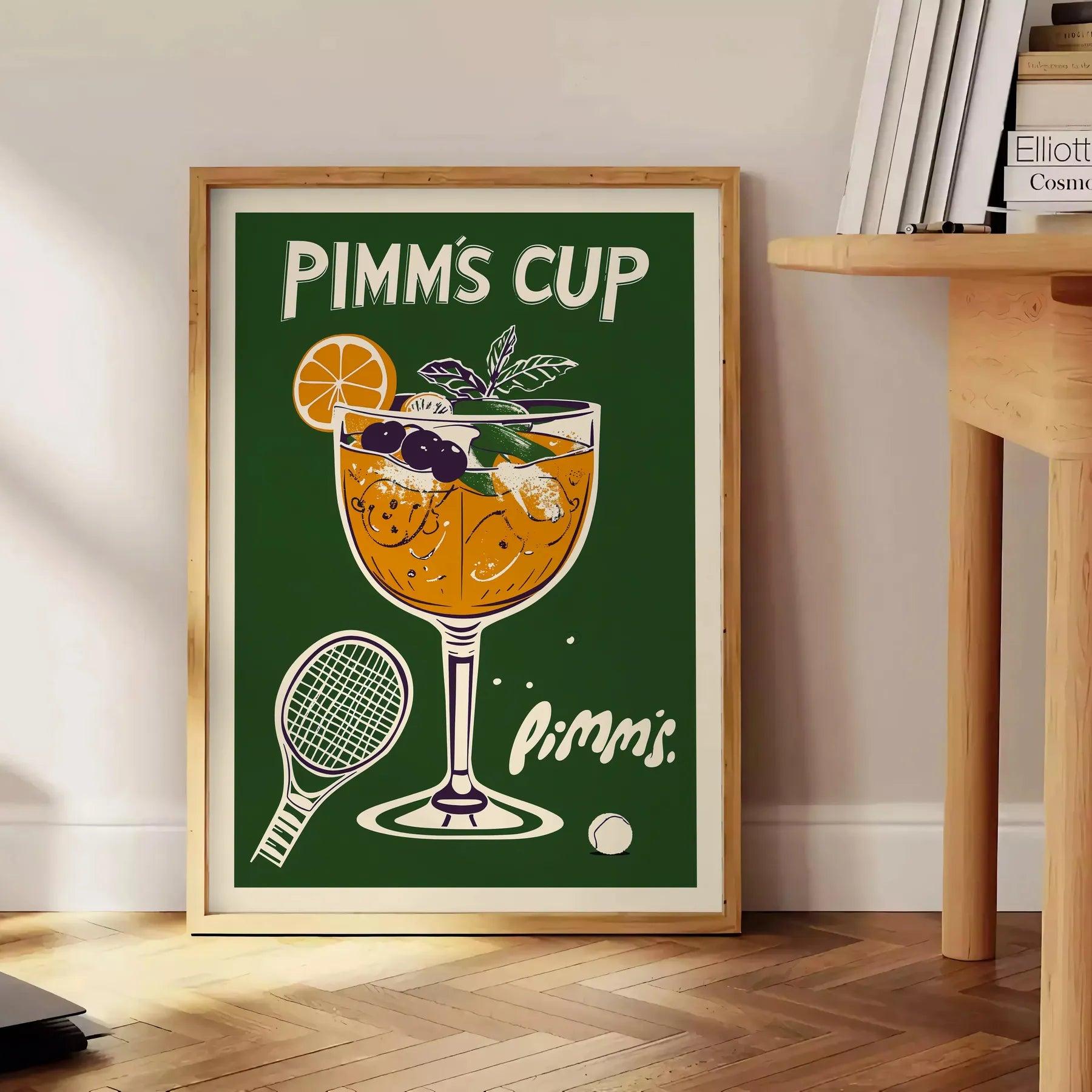 Wimbledon spirit vibrant Pimm Cup cocktail poster refreshing orange green hues eye design British charm space kitchens bars lounges A4 cm A0 dimensions