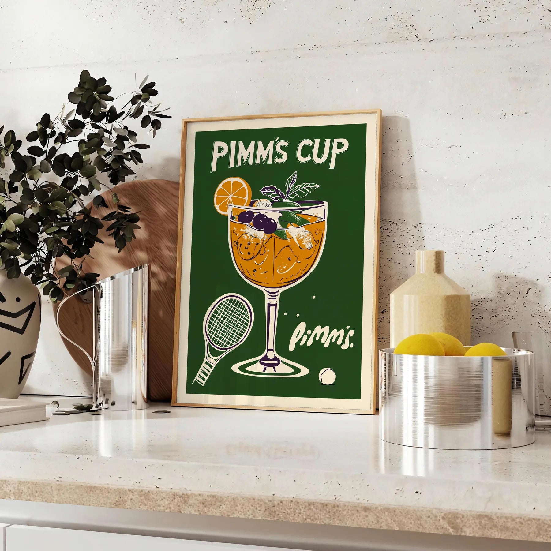 Wimbledon spirit vibrant Pimm Cup cocktail poster refreshing orange green hues eye design British charm space kitchens bars lounges A4 cm A0 dimensions