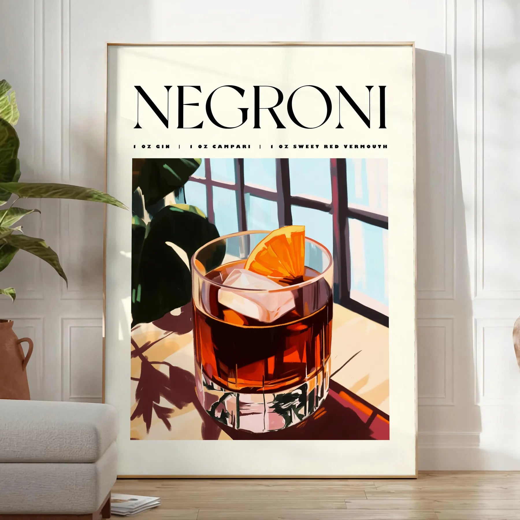 space vibrant Negroni cocktail poster chic white orange design enthusiasts art piece splash creativity room style options unframed display
