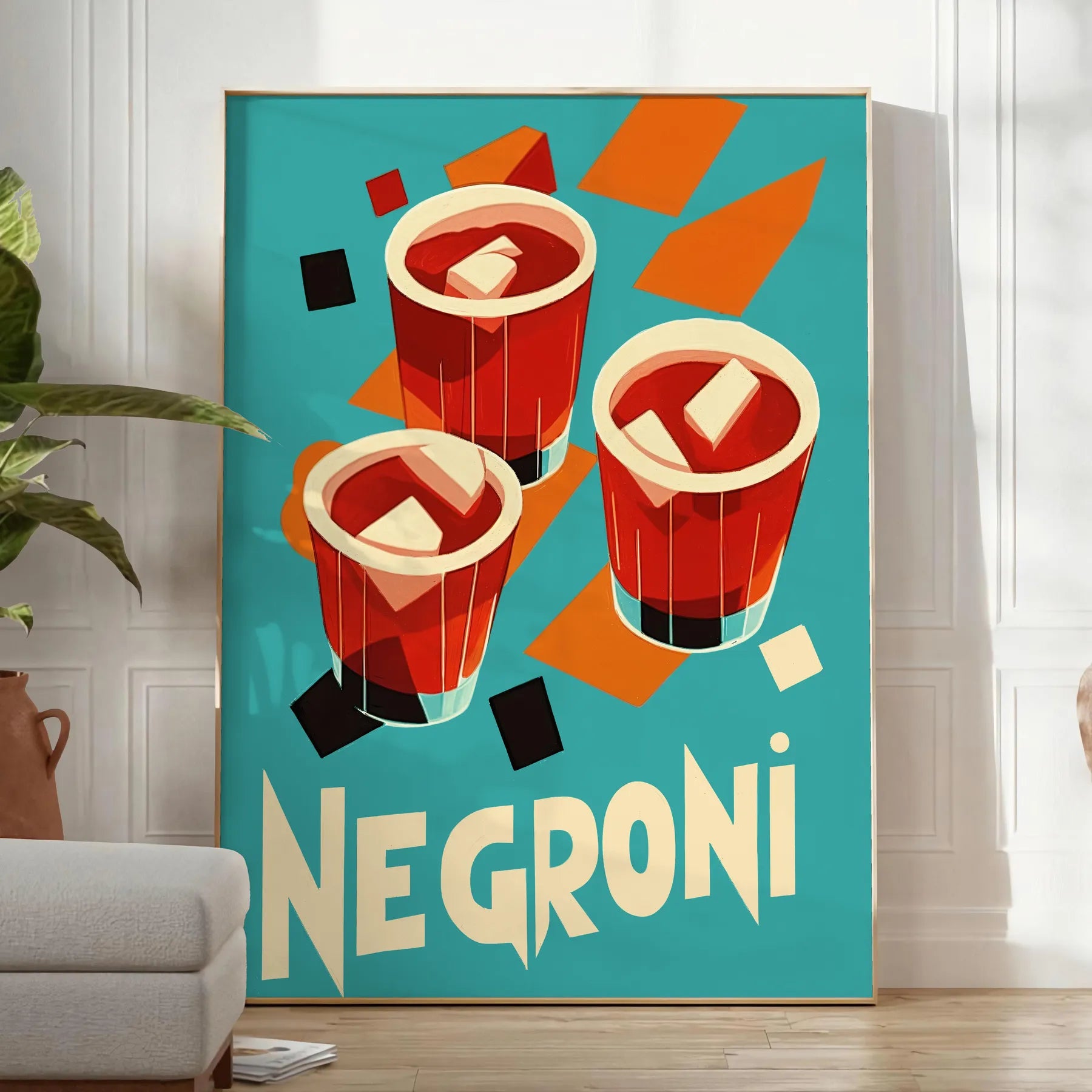 space stunning Negroni cocktail poster vibrant orange rich brown hues timeless elegance passion mixology decor enthusiasts art lovers unframed options