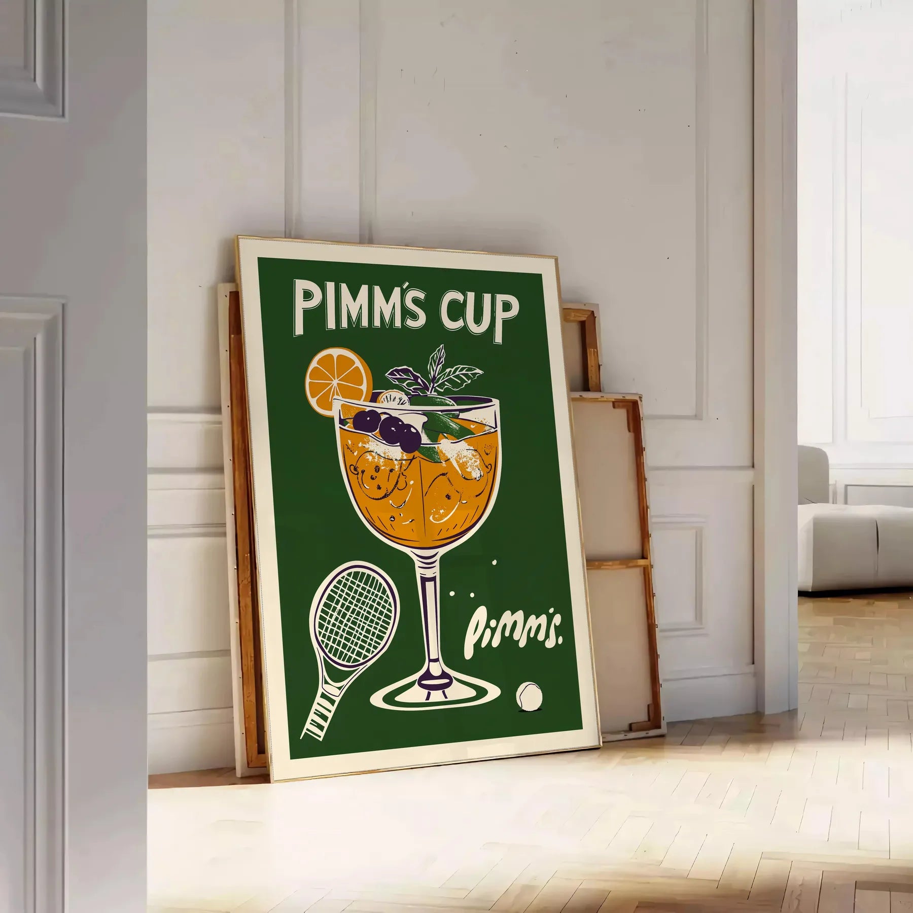 Wimbledon spirit vibrant Pimm Cup cocktail poster refreshing orange green hues eye design British charm space kitchens bars lounges A4 cm A0 dimensions