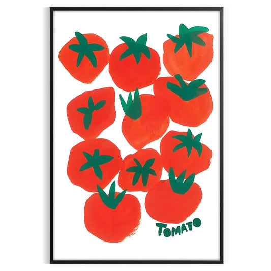 kitchen decor vibrant tomatoes poster blue orange hues unique wall art piece thoughtful gift artwork splash color charm