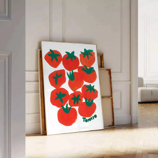 kitchen decor vibrant tomatoes poster blue orange hues unique wall art piece thoughtful gift artwork splash color charm
