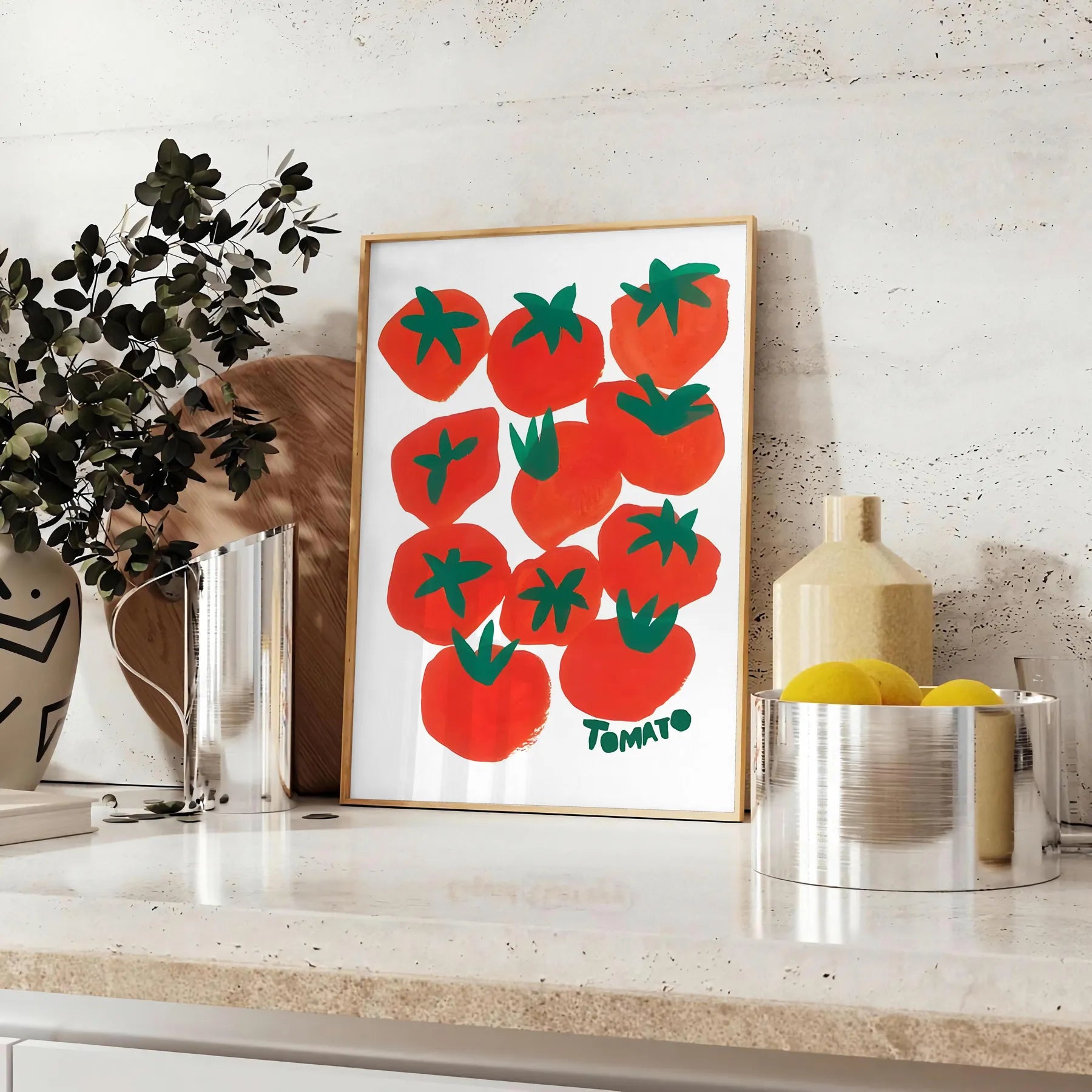 kitchen decor vibrant tomatoes poster blue orange hues unique wall art piece thoughtful gift artwork splash color charm