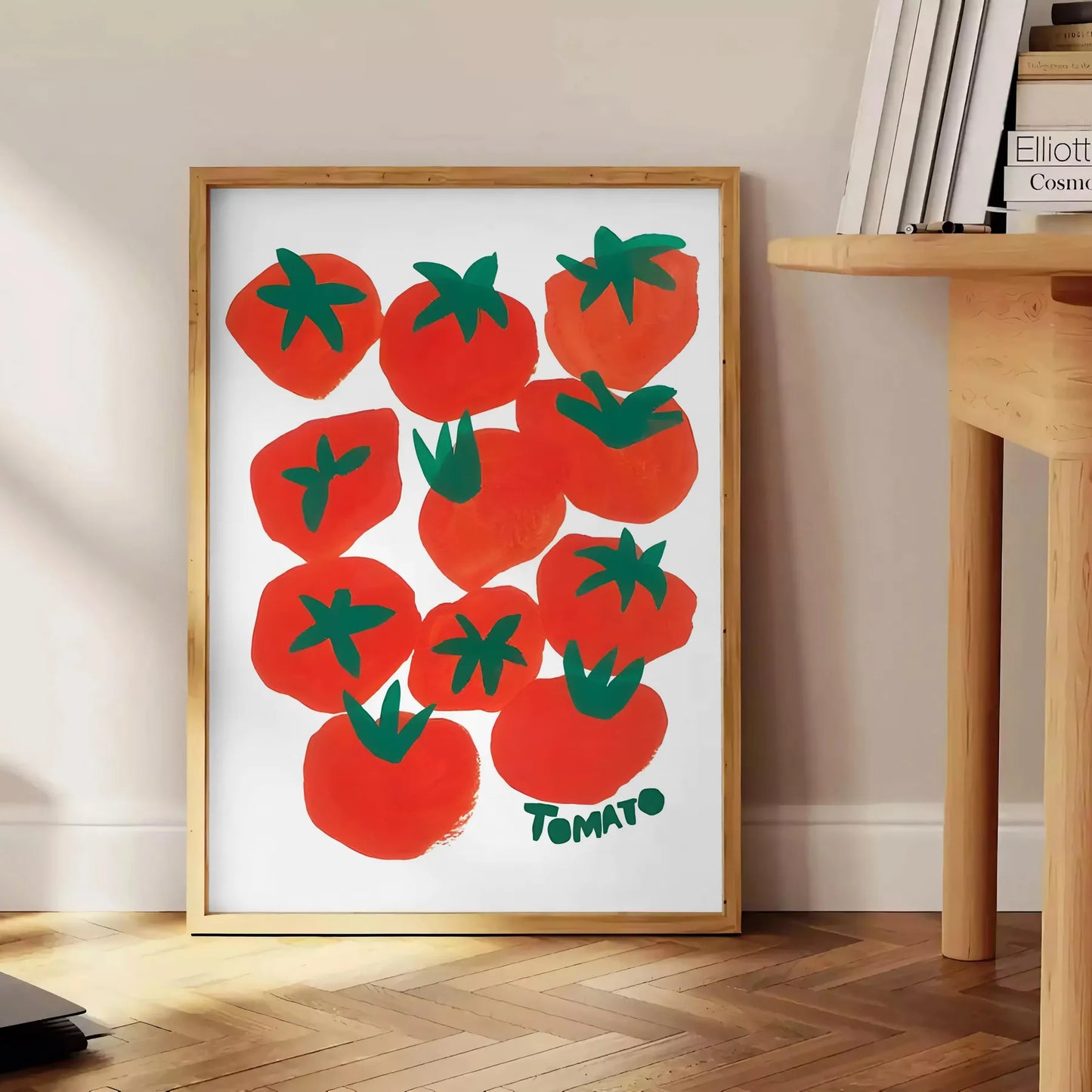 kitchen decor vibrant tomatoes poster blue orange hues unique wall art piece thoughtful gift artwork splash color charm