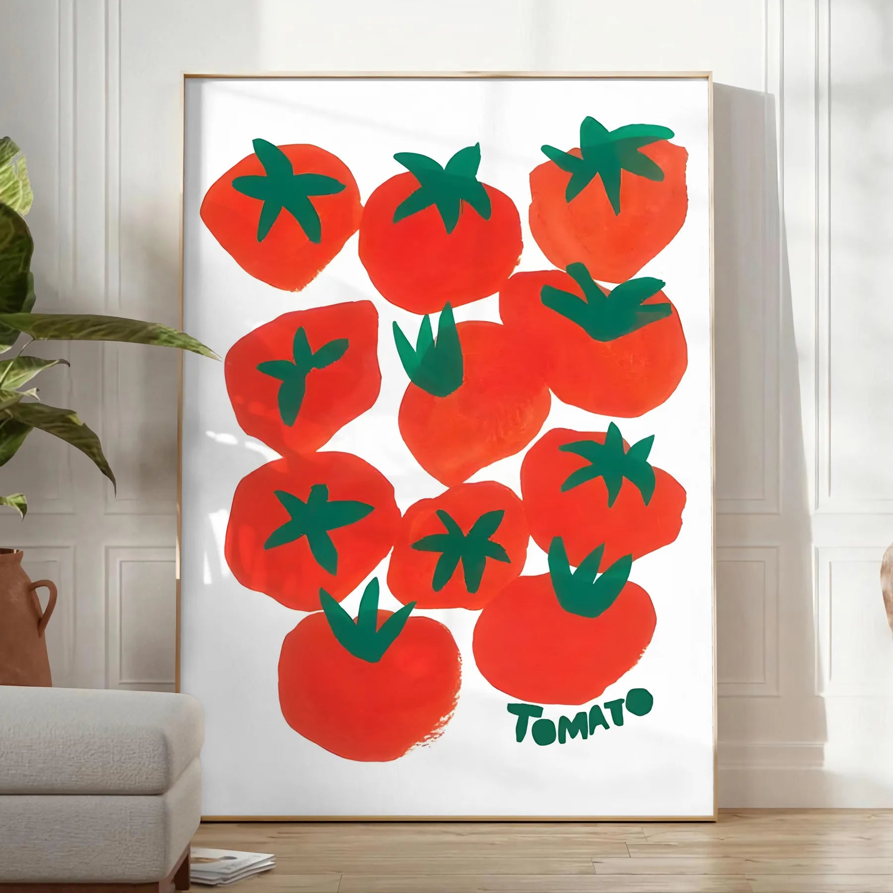 kitchen decor vibrant tomatoes poster blue orange hues unique wall art piece thoughtful gift artwork splash color charm