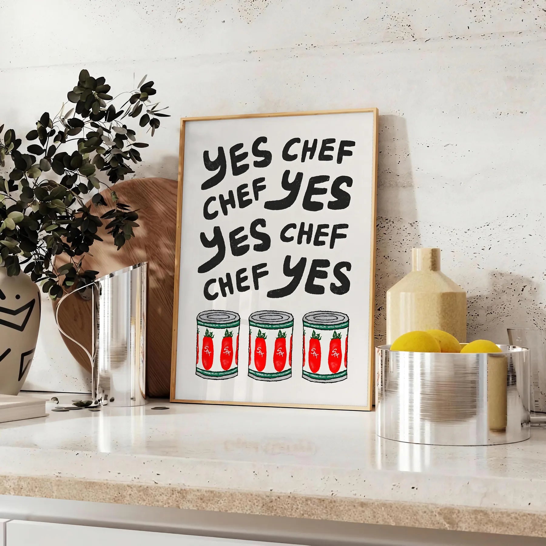 kitchen decor Yes Chef poster bold black red colors wall art unique gift striking artwork touch culinary charm space ideal print