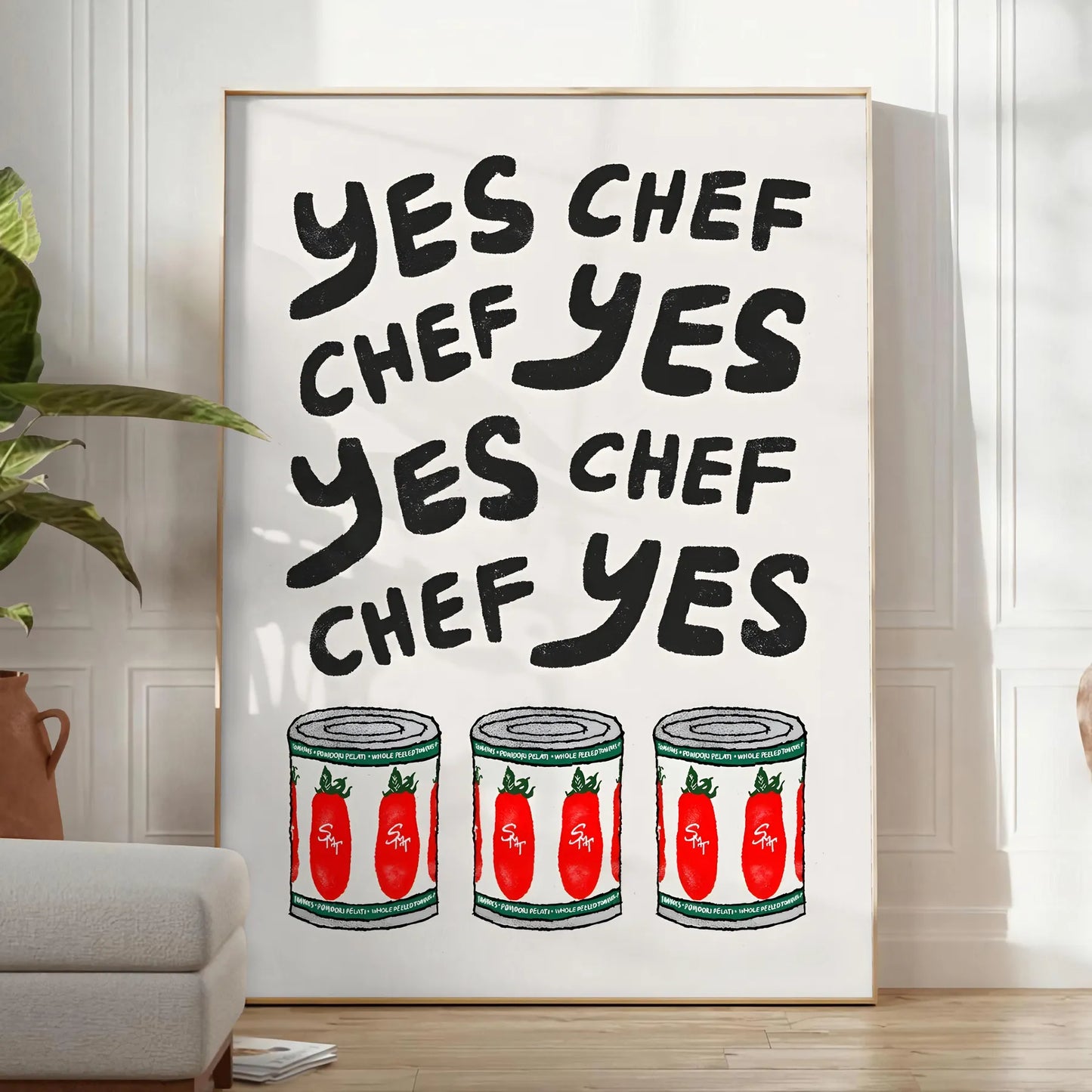 kitchen decor Yes Chef poster bold black red colors wall art unique gift striking artwork touch culinary charm space ideal print
