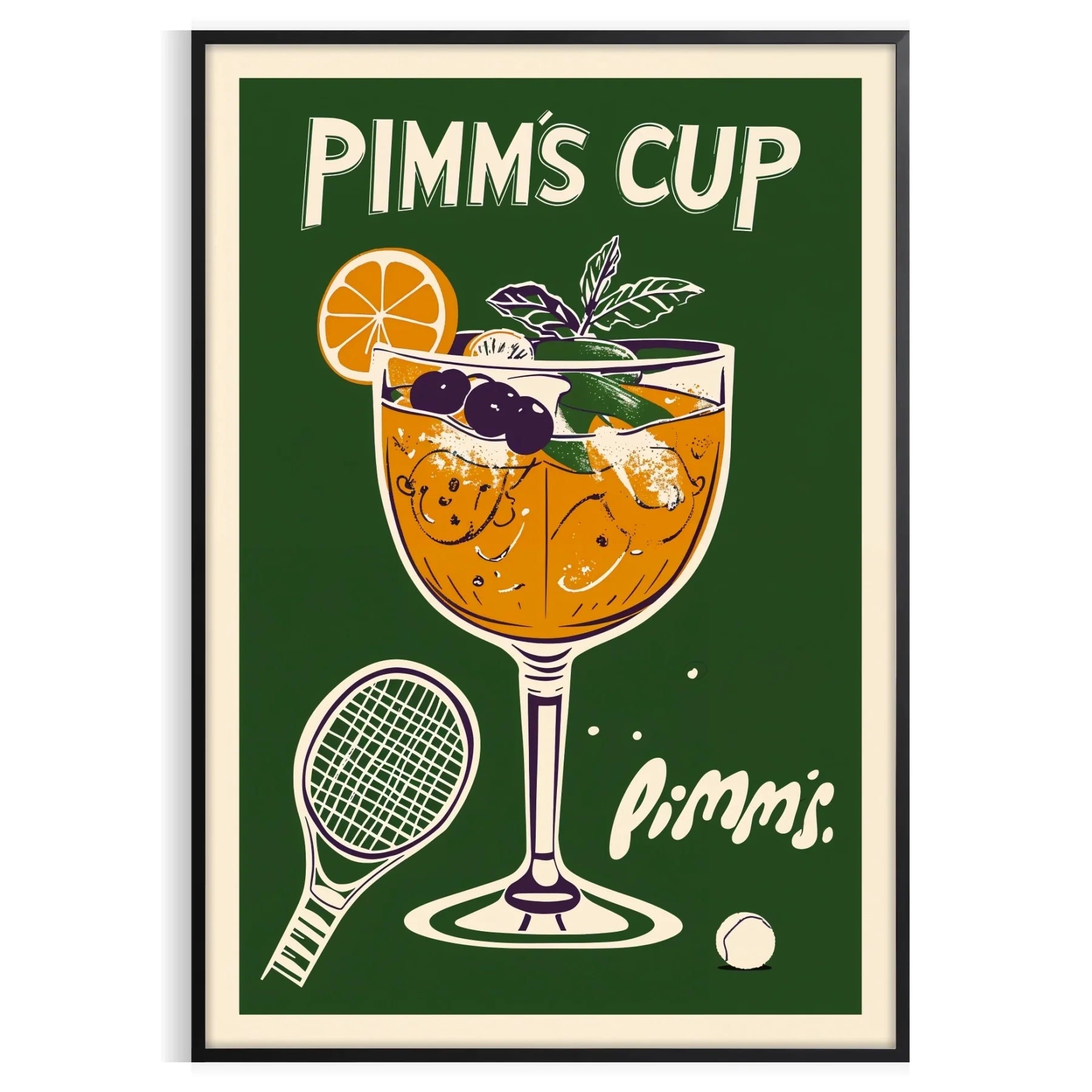 Wimbledon spirit vibrant Pimm Cup cocktail poster refreshing orange green hues eye design British charm space kitchens bars lounges A4 cm A0 dimensions