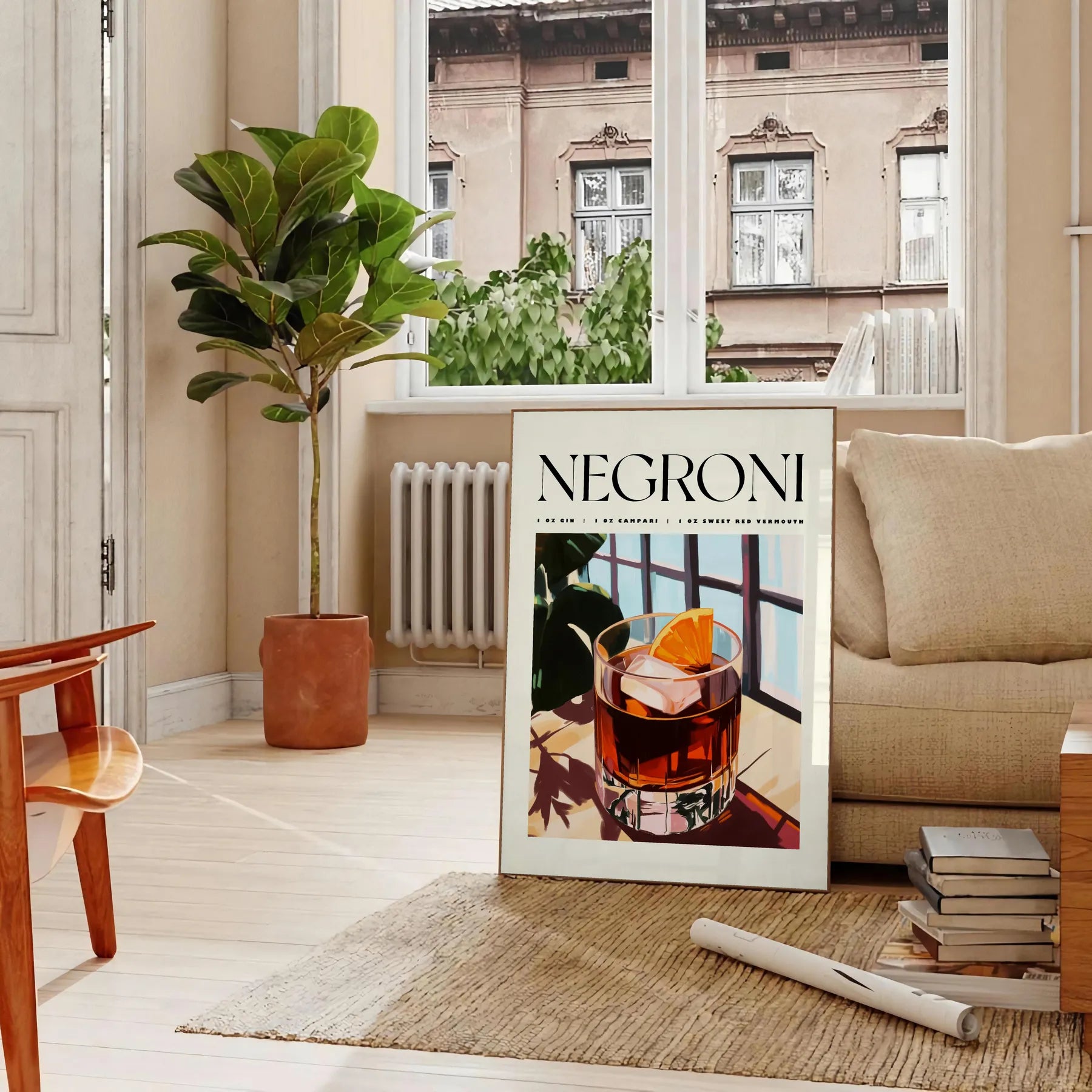space vibrant Negroni cocktail poster chic white orange design enthusiasts art piece splash creativity room style options unframed display